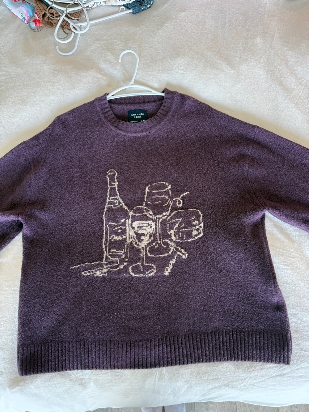 Men's Crewneck Sweater in Deep Plum with Wine Glass and Cheese Motif